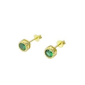 Elegant S925 silver gold-plated stud earrings with round emerald green zircon stones