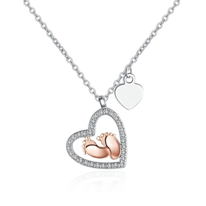S925 silver heart necklace with rose gold baby footprints and zircon pave setting
