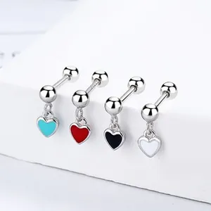 Detailed view of S925 silver heart stud earrings in four colorful enamel finishes