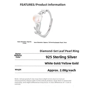 Detailed size and material specification chart for the 925 silver pearl leaf ring