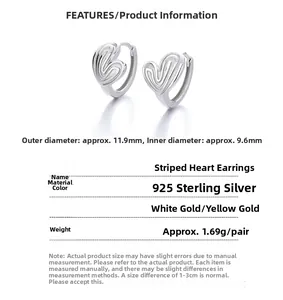 Detailed view of 925 sterling silver striped heart earrings with size specifications