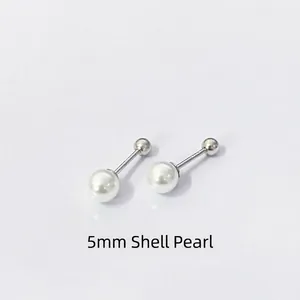 Close-up of 5mm round shell pearl earrings with secure screw back design in S925 silver