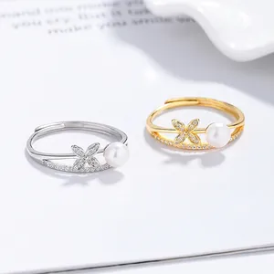 Bague double couche en argent 925 avec fleur en zircon et perle d'eau douce