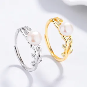 925 Sterling Silver Leaf Freshwater Pearl Open Ring For Women Adjustable Rhinestone Inlaid Vine Finger Ring Elegant Jewelry Gift