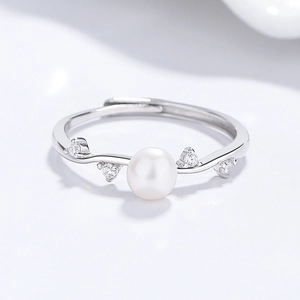 Elegant 925 silver open ring featuring a white freshwater pearl and zircon accents
