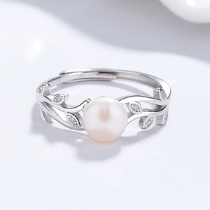 925 silver leaf ring with natural freshwater pearl and zircon stones for women