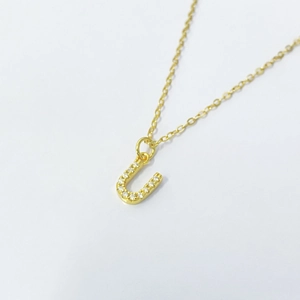 Golden S925 silver letter U necklace with cubic zirconia pave on thin cable chain