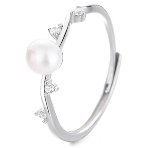925 silver freshwater pearl open ring with zircons on an elegant wavy band