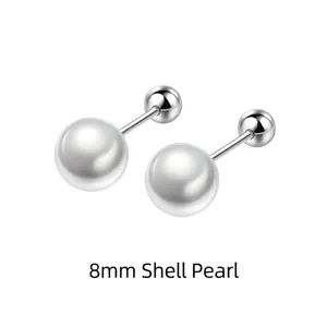 Macro view of 8mm round white shell pearls with S925 silver screw back closure