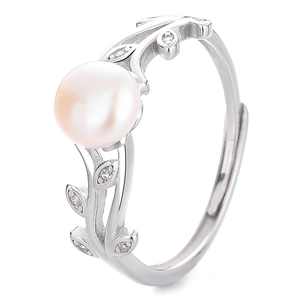 925 silver leaf open ring with natural freshwater pearl and sparkling cubic zirconia
