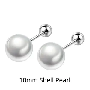 Detailed view of 10mm round white shell pearl stud earrings with S925 silver screw back