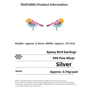 Detailed size specifications of 999 sterling silver enamel bird stud earrings