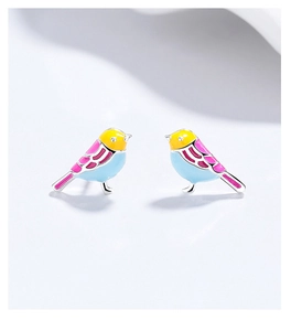 Detail of s925 silver bird studs with colorful enamel drip glaze and polished finish