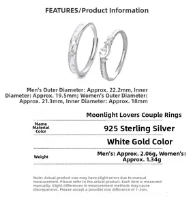 Detailed size specifications for 925 silver moon and star couple rings set in silver