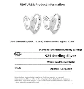 Paramètres de taille détaillés des boucles d'oreilles papillon en argent 925 et zircon
