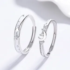 925 Sterling Silver Star Moon Couple Rings For Men Women Zirconia Inlay Open Adjustable Lover Rings Set Fashion Jewelry Gift