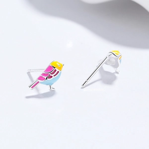 Cute S925 sterling silver bird stud earrings with colorful enamel dripping oil finish