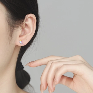 Cute 999 sterling silver bird stud earring with colorful enamel on female model ear