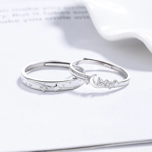 925 silver moon and star couple rings set with zircon stones and adjustable bands