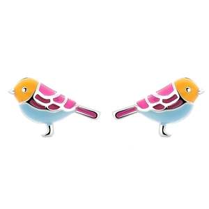 999 Sterling silver colorful bird stud earrings with vibrant enamel bird-shaped design