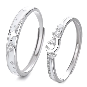 925 silver star and moon couple rings with zircon inlays and adjustable open band design