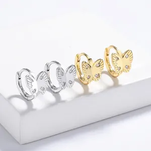 Boucles d'Oreilles Huggie Papillon en Argent Sterling 925 pour Femmes Incrustation Zirconia Plaqué Or Blanc Jaune Bijoux