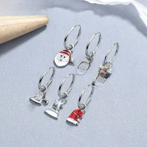 Detailed set of 925 sterling silver Christmas hoop earrings with colorful festive charms