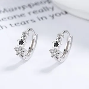 Close-up of S925 silver star hoop earrings featuring black enamel and zircon stones