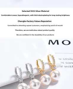 Detail of S925 silver pearl earrings with micro-set zircons in gold and silver plating
