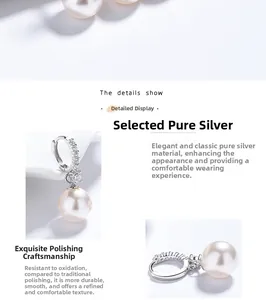 Macro detail of 925 sterling silver pearl earrings with sparkling zircon inlay