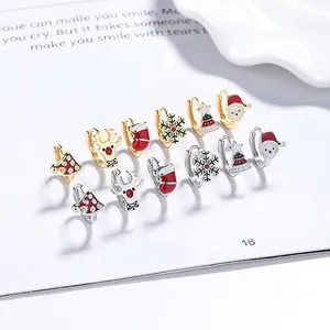 925 Sterling Silver Christmas Earrings For Women Festive Santa Claus Snowflake Reindeer Enamel Hoop Stud Earrings Jewelry Gift