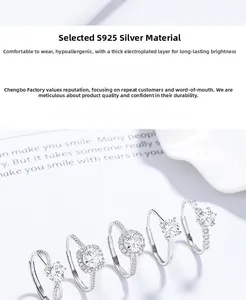 Detailed view of five S925 silver rings with round-cut moissanite set on a white desk