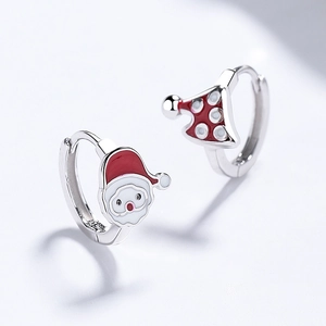925 silver Christmas hoop earrings with enamel Santa Claus and tree charms on gray backdrop