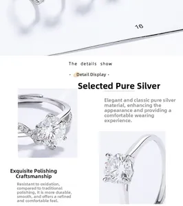 Detailed view of 925 silver ring featuring a six-prong moissanite stone and side diamonds
