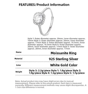 Size chart and specifications for 925 sterling silver moissanite open rings for women