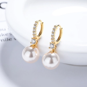 Elegant 925 silver gold pearl drop earrings with sparkling pavé cubic zirconia accents