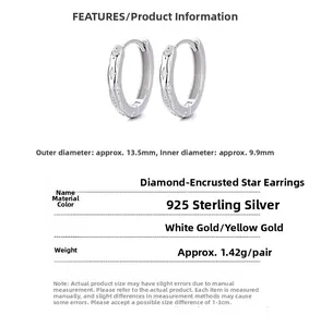 Detailed dimension guide for 925 silver star hoop earrings with zircon stones and sizes