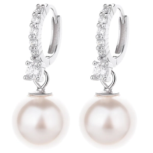 Elegant 925 silver pearl drop earrings with sparkling zircon inlay on white background