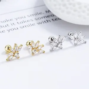Macro detail of 925 sterling silver fan-shaped marquise-cut zircon screw-back studs