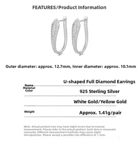 Detailed size chart for 925 sterling silver U-shaped earrings with white zircon stones