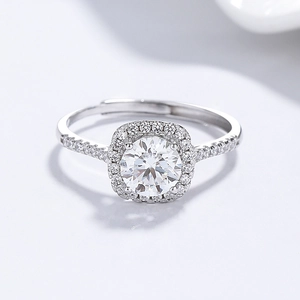 925 silver adjustable halo ring with Moissanite stones and pave-set band