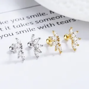 Macro detail of 925 silver marquise-cut zircon stud earrings with screw-back closure