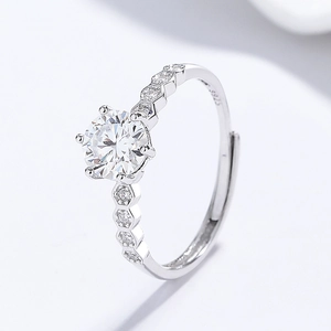 Classic 925 sterling silver six-prong moissanite ring with adjustable open band design