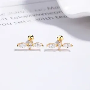 Detail of 925 silver earrings with marquise zircons and secure ball back closures