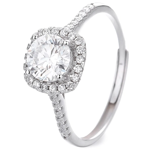 925 silver moissanite ring with a square halo and round center stone on white background