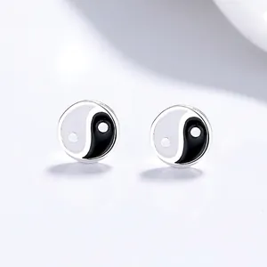 S999 Sterling Silver Yin Yang Taichi Stud Earrings Chinese Style Minimalist Bagua Enamel Anti Allergy Jewelry For Women Gift