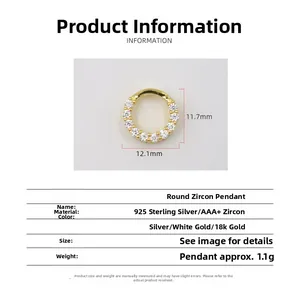 Détail macro du pendentif anneau en argent S925 avec zircons AAA et mesures de taille