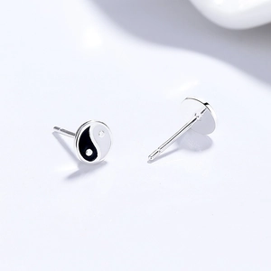 999 Sterling Silver Tai Chi Yin Yang Stud Earrings with Black and White Enamel Detail