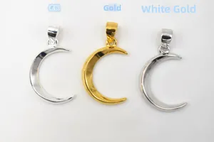 Detailed comparison of crescent moon charms in silver, gold, and white gold finishes