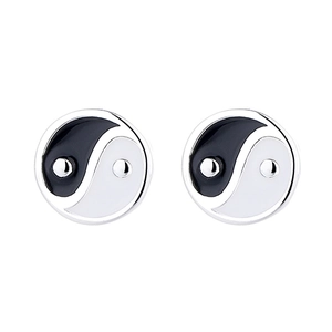 Sterling silver Bagua stud earrings with black and white Tai Chi yin yang enamel design